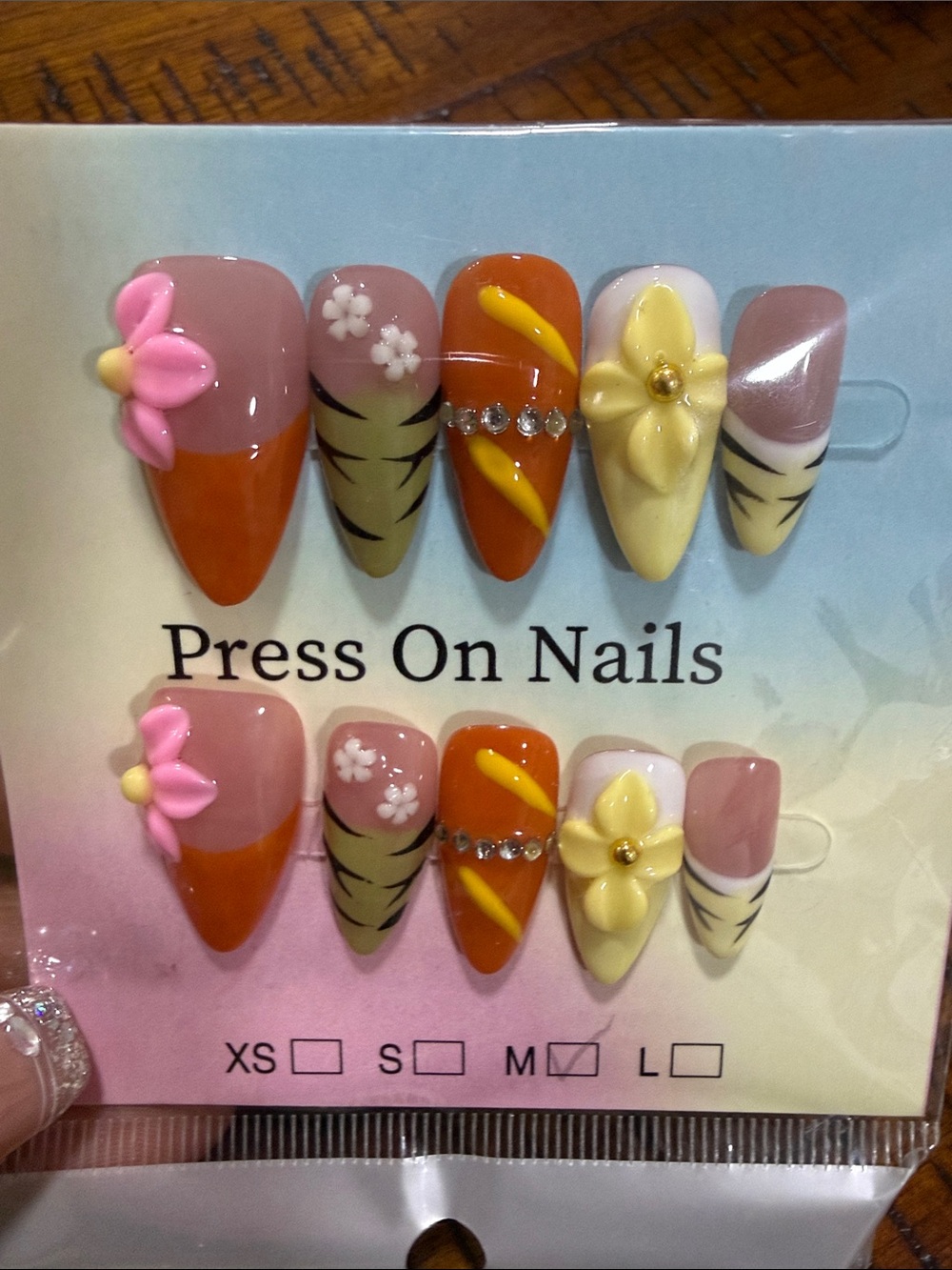 Press On Nails - Pink, Orange & Yellow Floral Nail Set